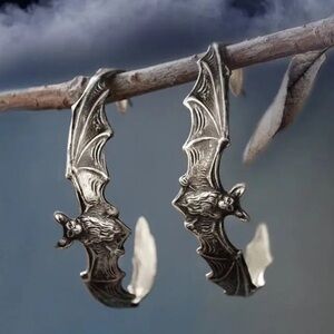 Bat Hoop, Silver tone, Goth, Halloween Earrings